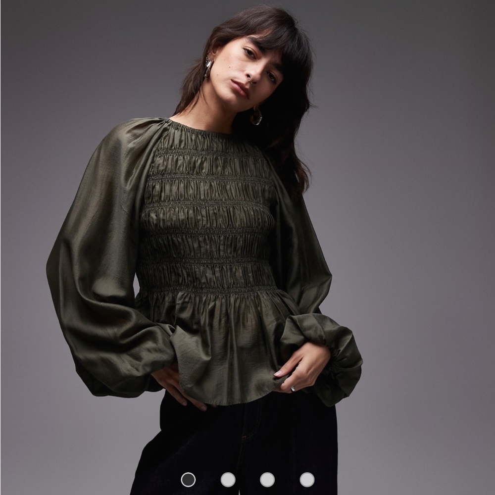 & Other Stories high neck peplum style volume sleeves top in khaki green SMALL